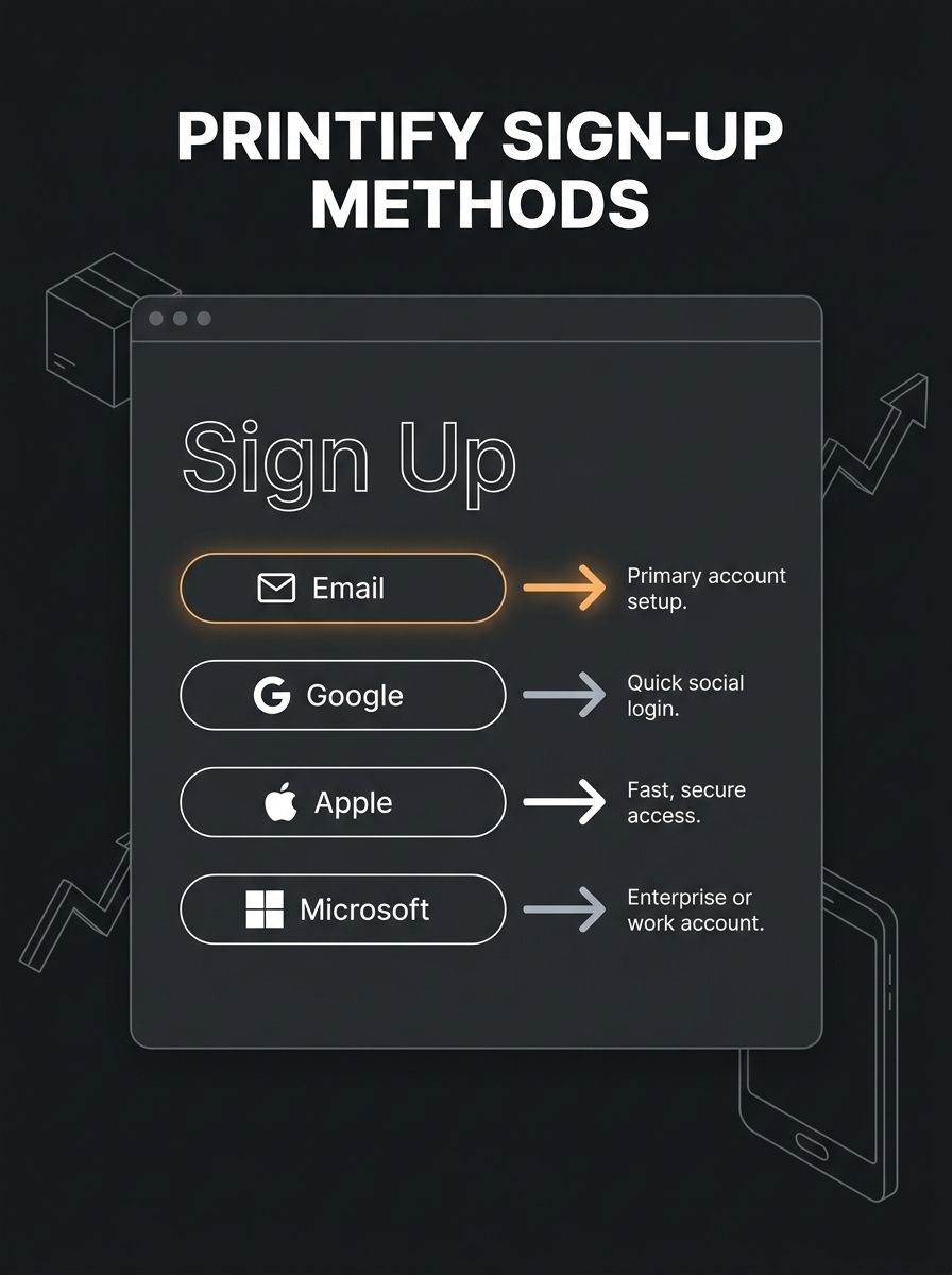 A clean screenshot-style illustration showing the Printify sign-up page with four sign-in method buttons labeled email, Google, Apple, and Microsoft, each highlighted with a colored arrow and brief an
