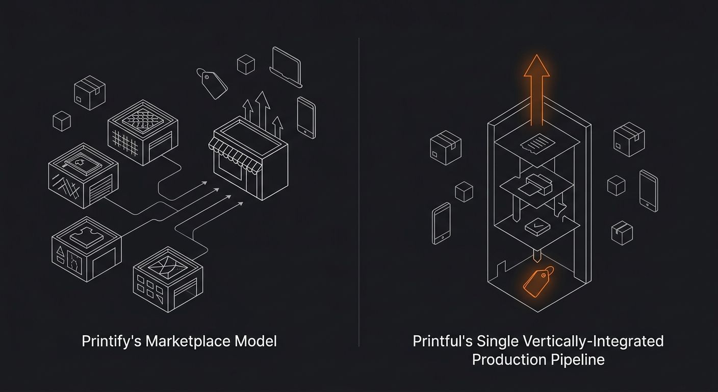 side-by-side visual showing Printify's marketplace model with multiple print providers feeding into one storefront versus Printful's single vertically-integrated production pipeline