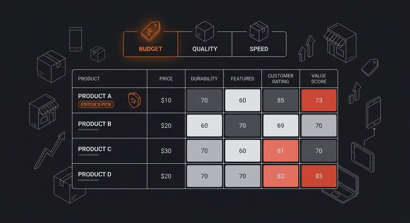 A screenshot-style mockup of a finished buyers guide page showing a comparison table with color-coded scores, an Editor's Pick badge on one product, and buyer profile tabs labeled Budget, Quality, and
