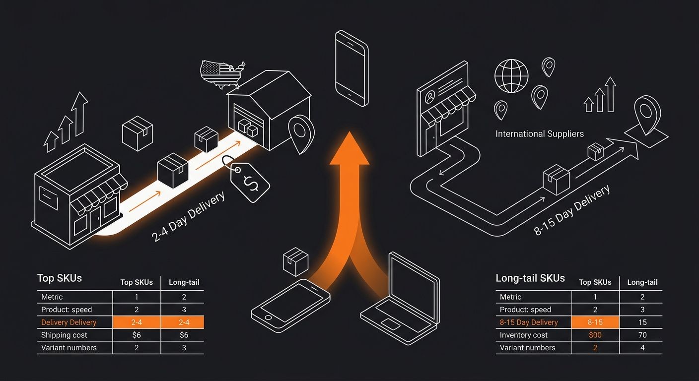 Side-by-side comparison diagram showing a hybrid fulfillment model with top SKUs flowing through US-based warehouse for 2-4 day delivery and long-tail SKUs flowing through international suppliers for