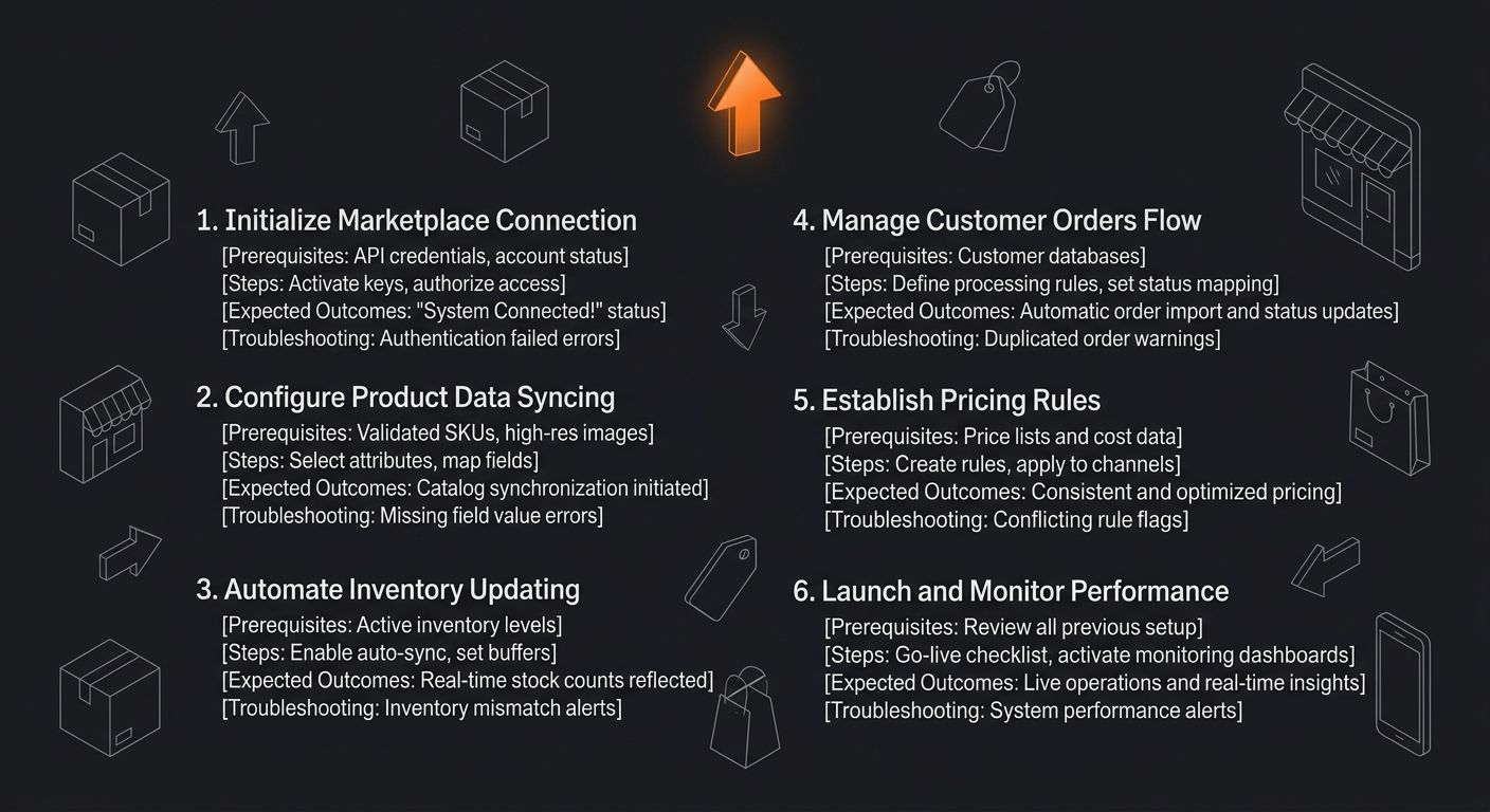 A sample table of contents for a software user guide showing 6 task-based section headings with indented sub-sections for prerequisites, steps, expected outcomes, and troubleshooting