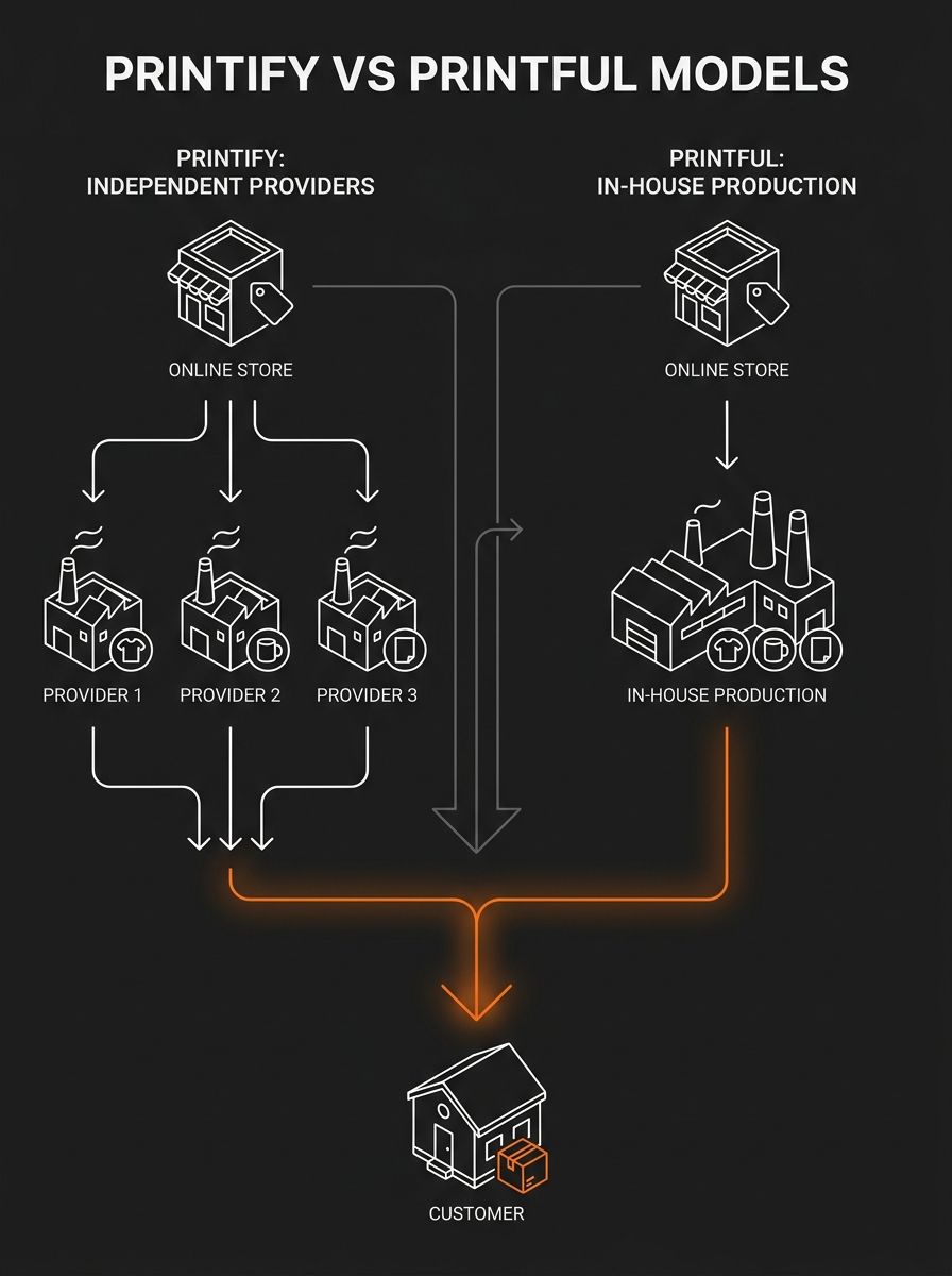 comparison diagram showing Printify's marketplace model with multiple independent print providers on one side versus Printful's single in-house production model on the other, with arrows illustrating