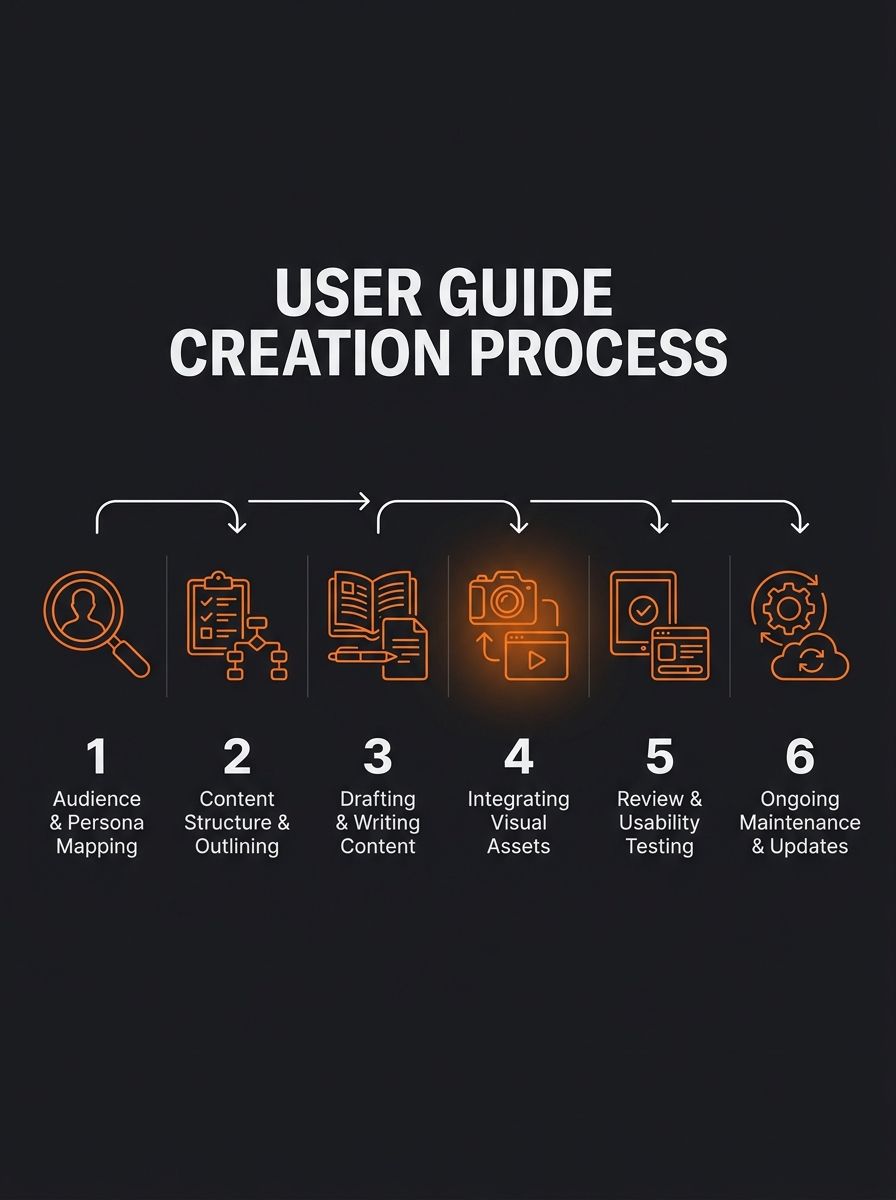 Infographic showing the 6-step process for creating software user guides, displayed as a horizontal timeline with icons for each phase: audience mapping, outlining, writing, adding visuals, testing, a