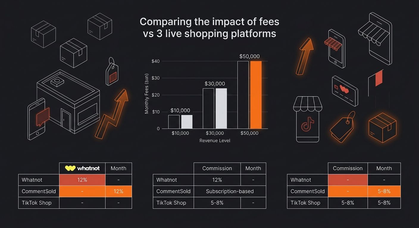 Infographic comparing fee impact across three live shopping platforms showing a bar chart of monthly fees paid at $10K, $30K, and $50K revenue levels for Whatnot 12 percent, CommentSold subscription, 