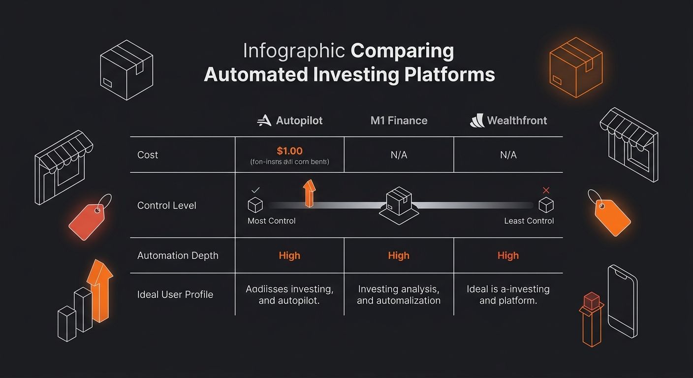 infographic comparing three automated investing platforms (Autopilot, M1 Finance, Wealthfront) across key attributes including cost, control level, automation depth, and ideal user profile with visual