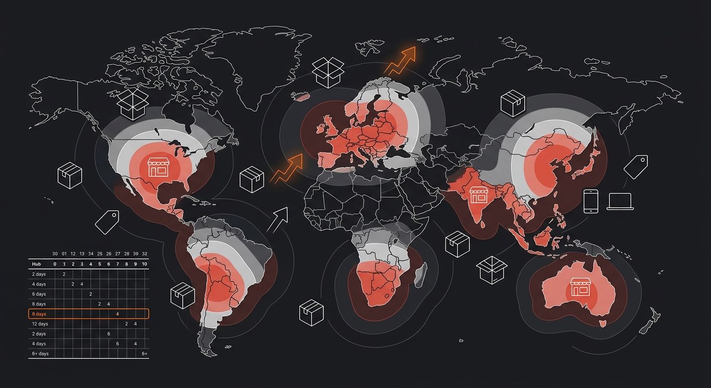 world map showing Gelato's production hub locations across 32 countries with color-coded delivery time zones radiating outward from each hub location
