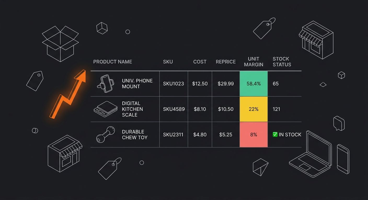 a clean screenshot-style mockup of a Google Sheets spreadsheet with the column headers listed above, showing three sample product rows, a phone mount at 58.4% margin highlighted green, a kitchen gadge