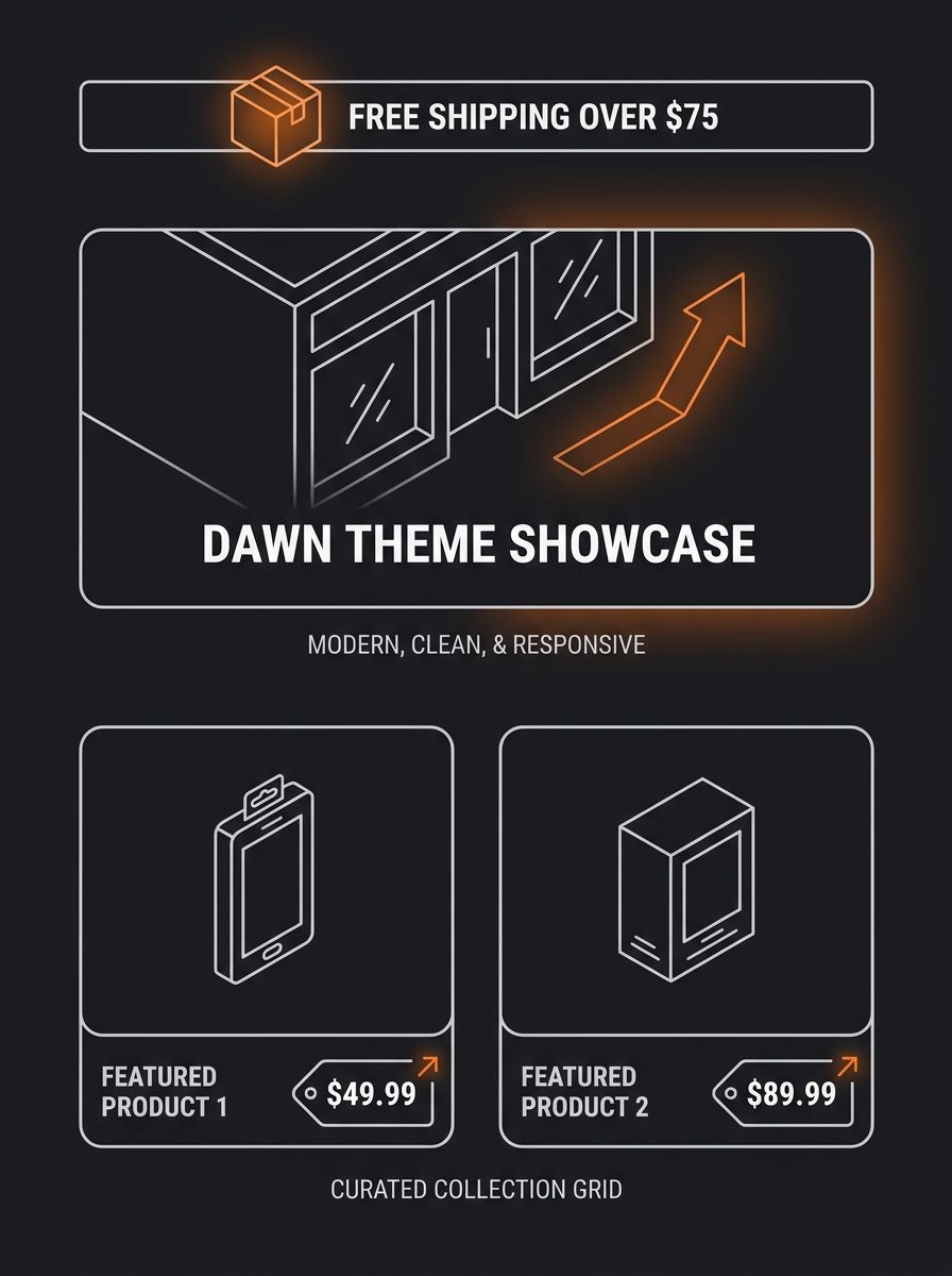 A clean Shopify storefront mockup showing a Dawn theme with hero image, featured product collection grid with prices, and announcement bar displaying shipping info