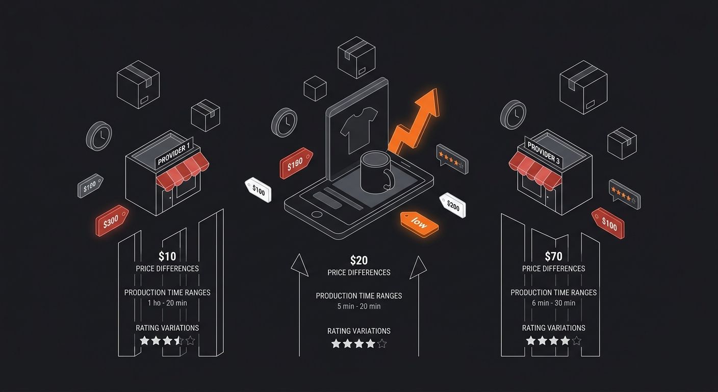 Side-by-side visual showing Printify's print provider marketplace with multiple providers listed for the same product, highlighting price differences, production time ranges, and rating variations bet