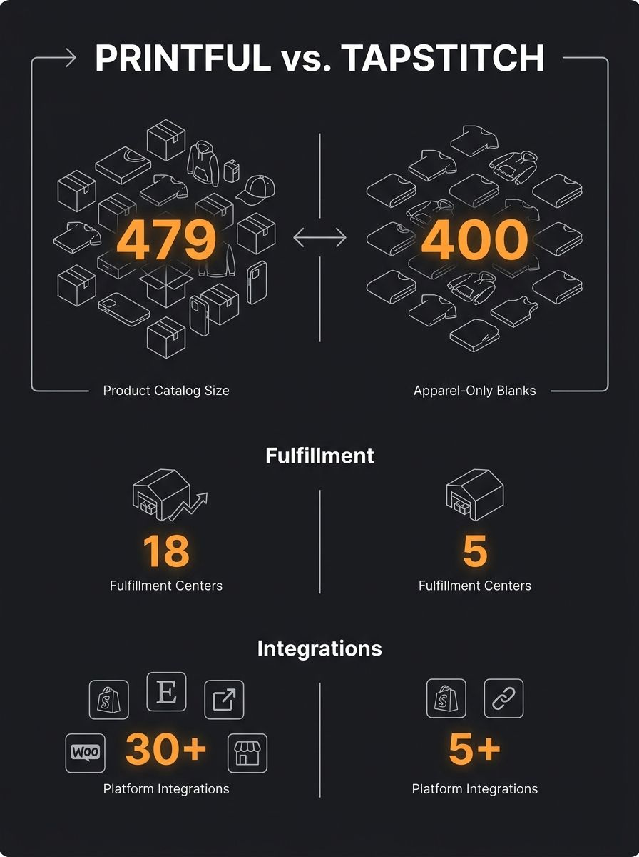 Side-by-side comparison chart showing Printful's 479-product catalog against Tapstitch's 400 apparel-only blanks with fulfillment center counts and integration lists
