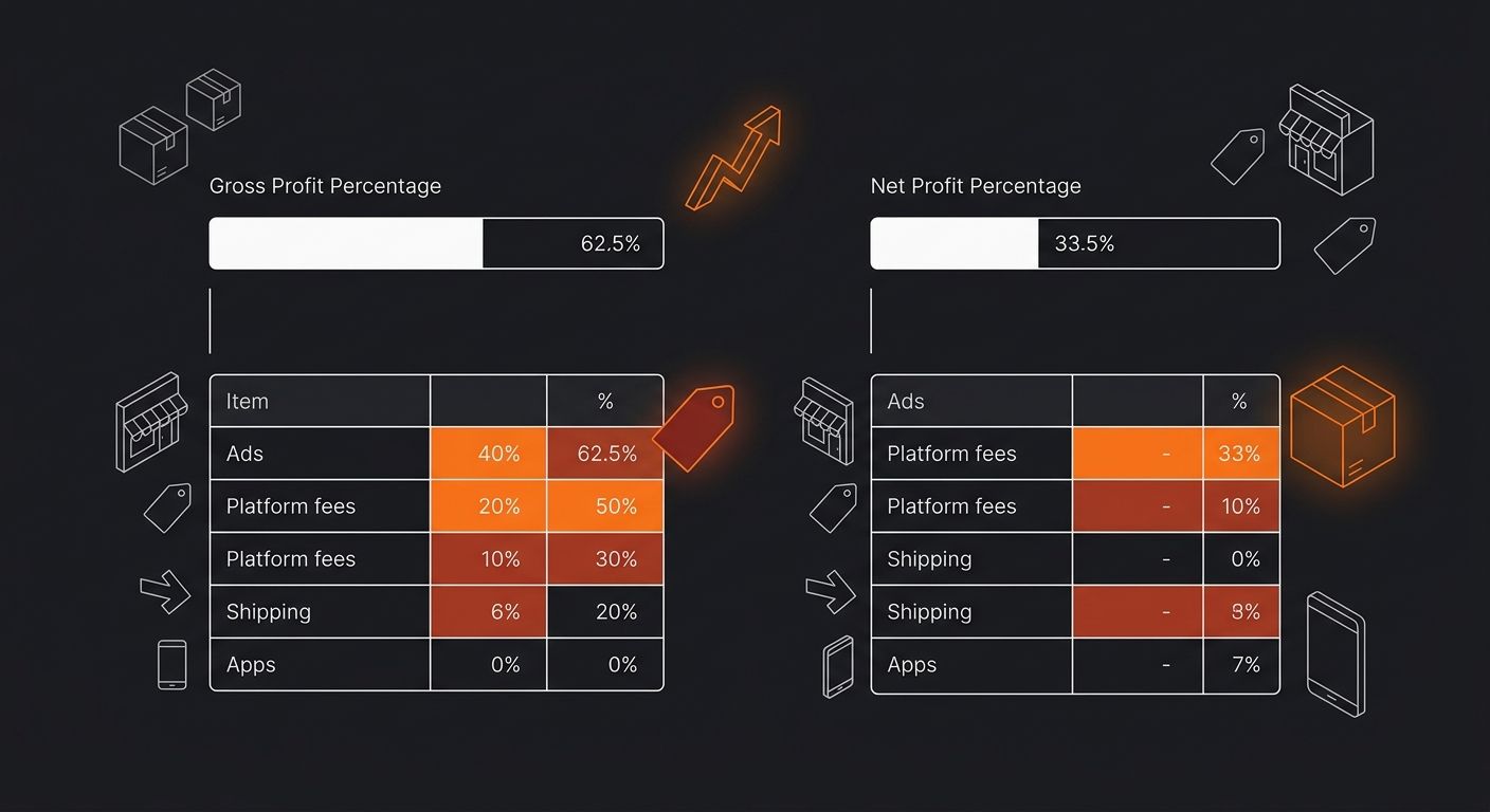An infographic comparing two horizontal bar charts side by side, one labeled Gross Profit Percentage at 62.5% and one labeled Net Profit Percentage at 33.5%, with the 29-point gap broken down into ite