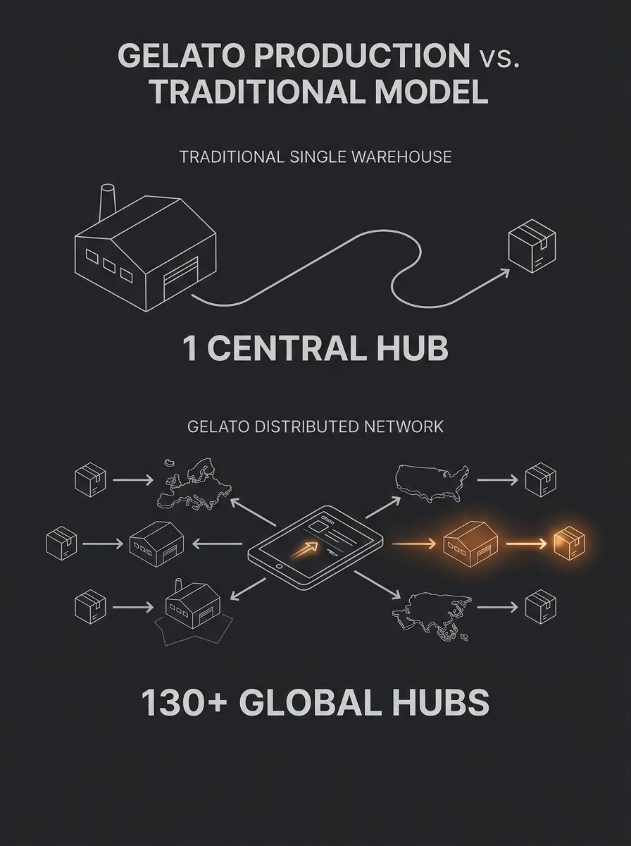 diagram showing Gelato's distributed production network with arrows from a central order to multiple production hubs in different countries, contrasted with a traditional single-warehouse model