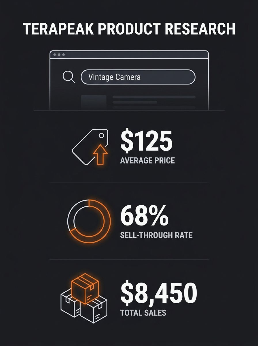 Screenshot-style illustration of Terapeak's eBay Product Research interface showing a keyword search results page with average price, sell-through rate, and total sales metrics displayed in a clean da
