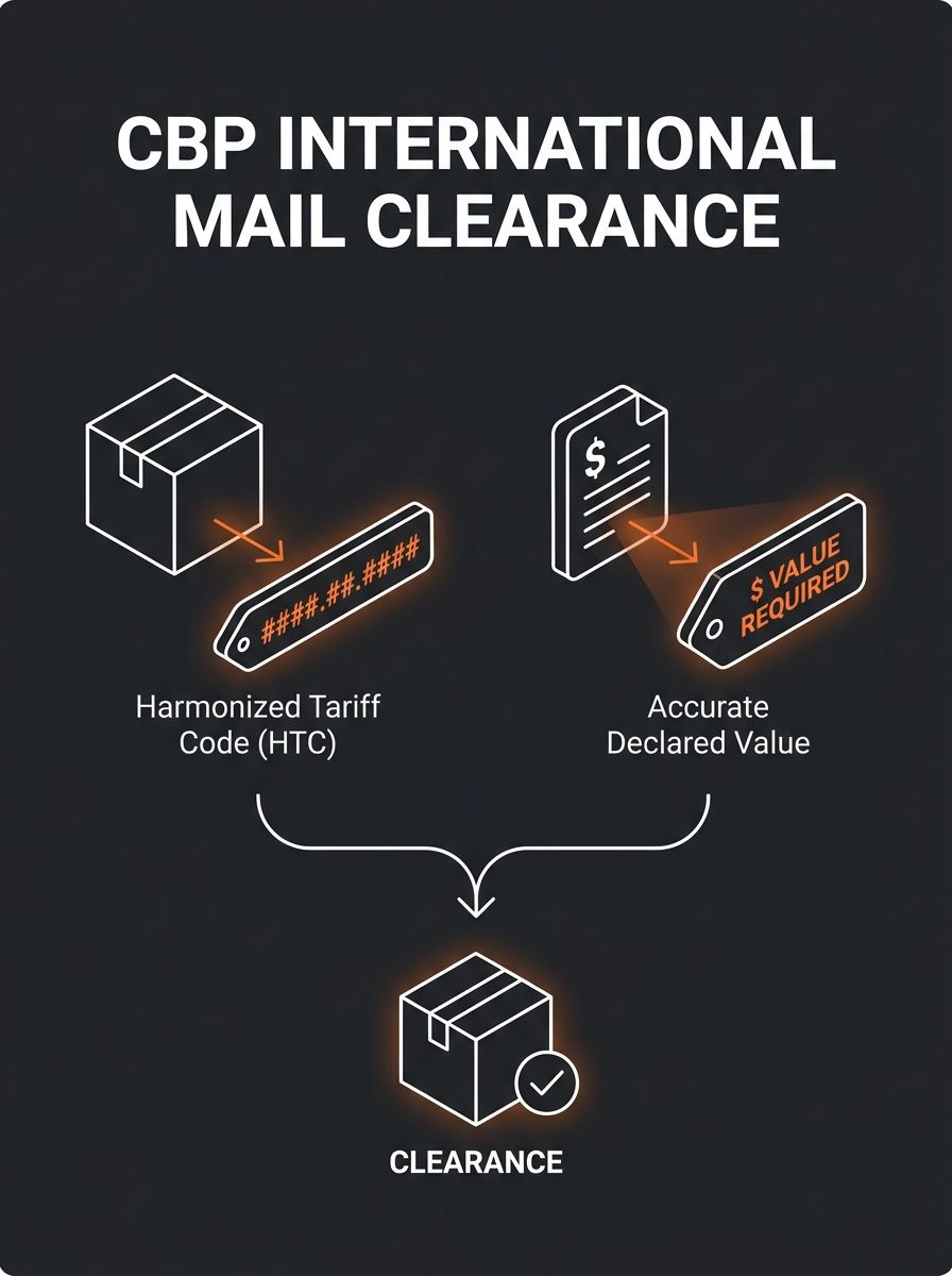 CBP customs clearance documentation showing harmonized tariff code fields and declared value requirements for international mail shipments