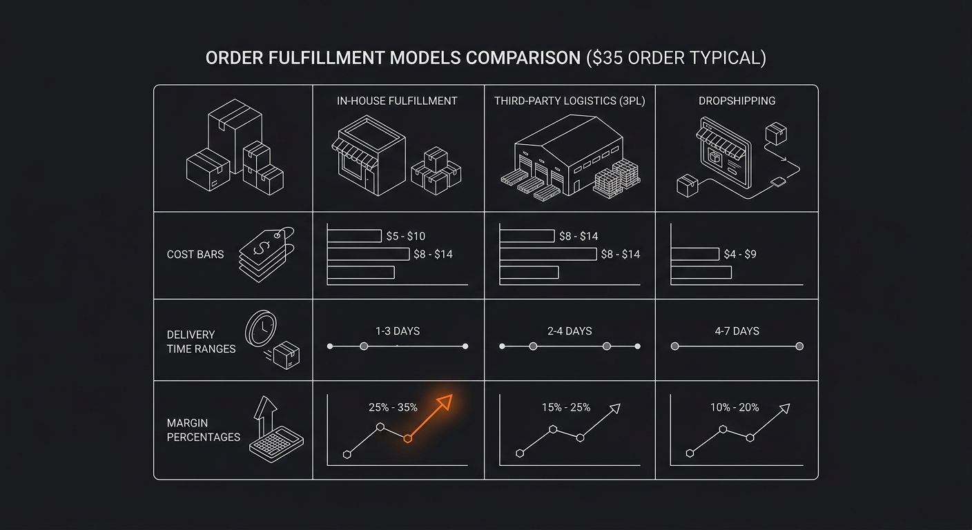 A comparison table visualization showing three fulfillment models side by side with cost bars, delivery time ranges, and margin percentages for a typical $35 product order