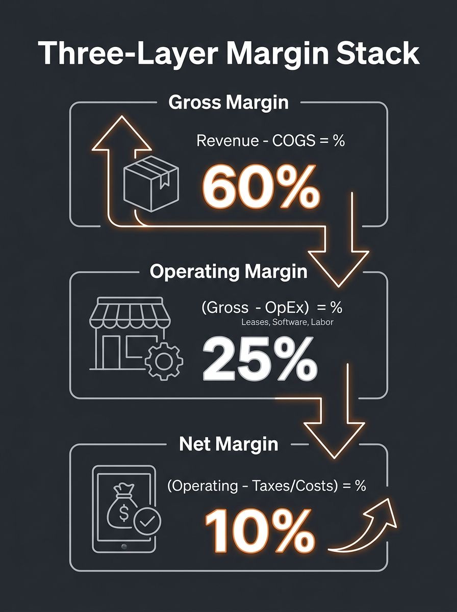 an infographic showing the three-layer margin stack: gross margin at the top (Revenue minus COGS), operating margin in the middle (subtract ad spend, software, labor), and net margin at the bottom (su