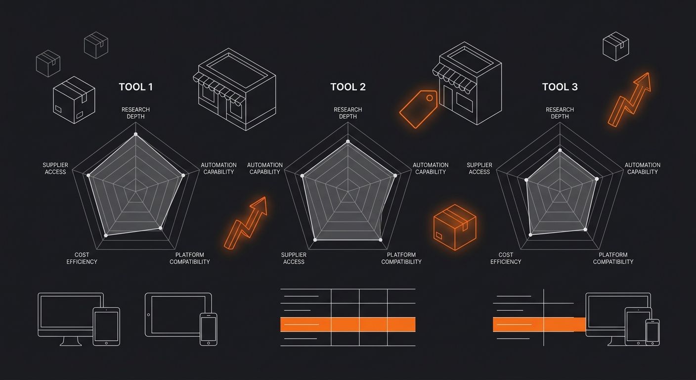 A comparison matrix visualization showing the three tools rated across five dimensions on radar charts: research depth, automation capability, supplier access, platform compatibility, and cost efficie