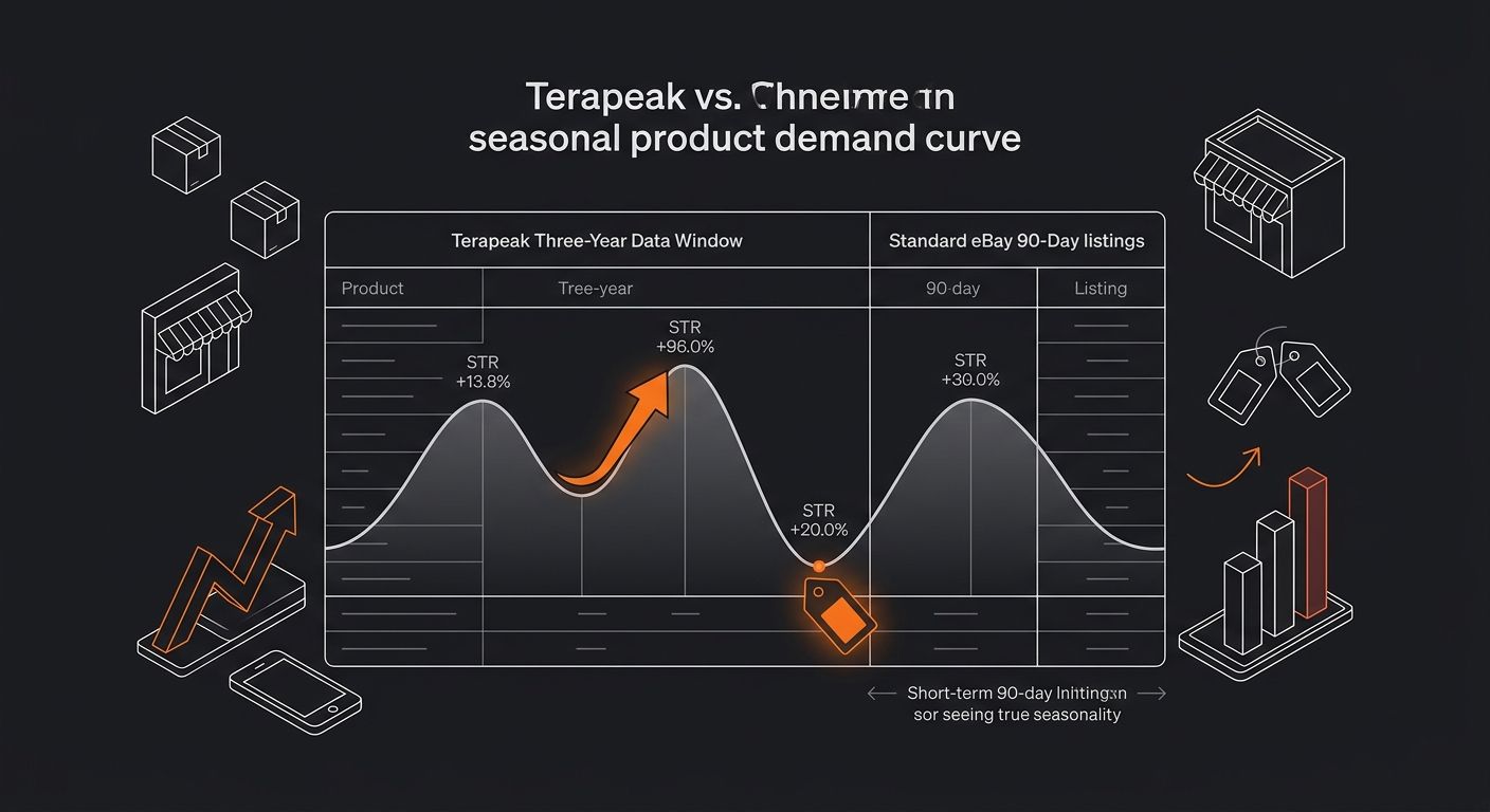 Infographic comparing Terapeak's three-year data window vs. standard eBay sold listings' 90-day window, showing a seasonal product demand curve with peak and trough periods labeled with example STR pe