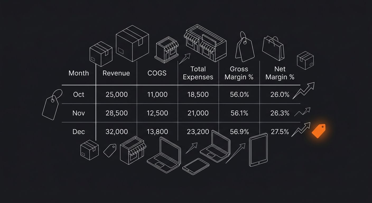 Screenshot-style illustration of a Google Sheets margin tracking template with columns for Month, Revenue, COGS, Total Expenses, Gross Margin %, and Net Margin %, showing sample data across three mont