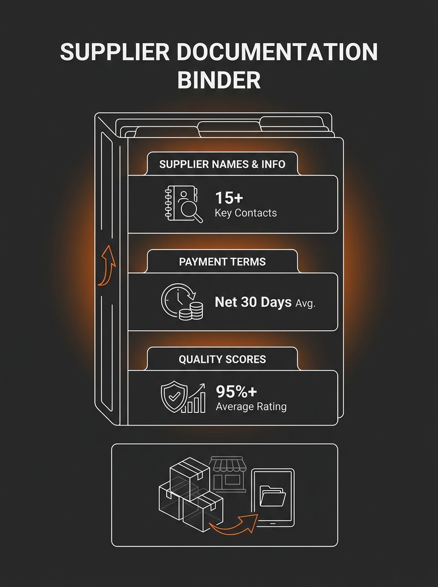 A document folder or binder with labeled tabs showing supplier names, contact info, payment terms, and quality scores — representing organized supplier documentation for a business sale
