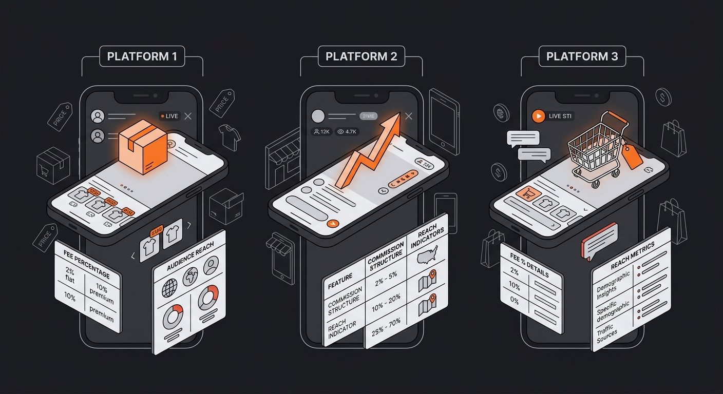 Side-by-side comparison graphic showing three mobile phone screens displaying different live shopping platform interfaces with key metrics like fee percentages and audience reach indicators