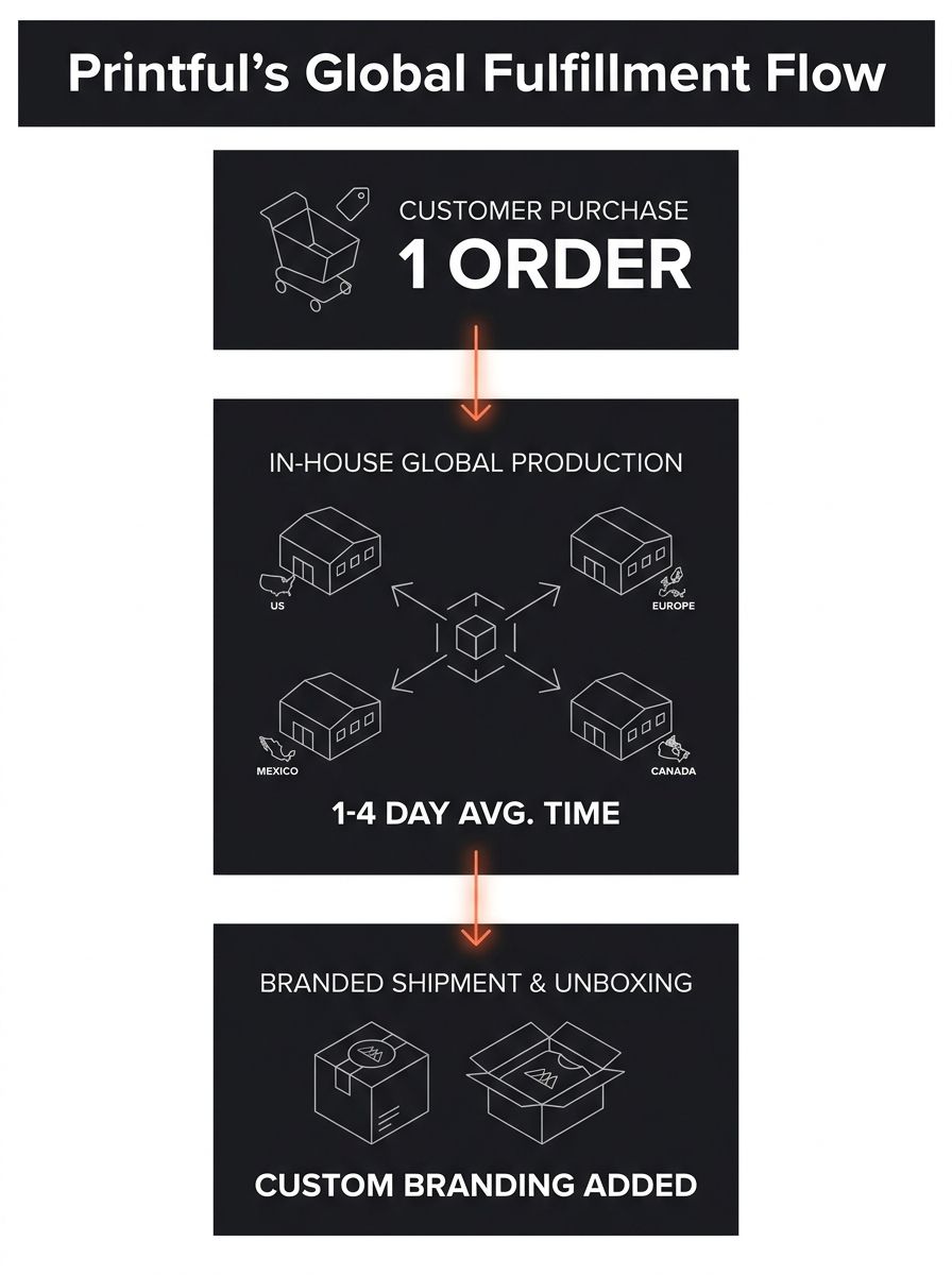 Infographic comparing Printful's fulfillment flow showing order routing from customer purchase through in-house production centers in US, Europe, Canada, and Mexico, with labeled production times and
