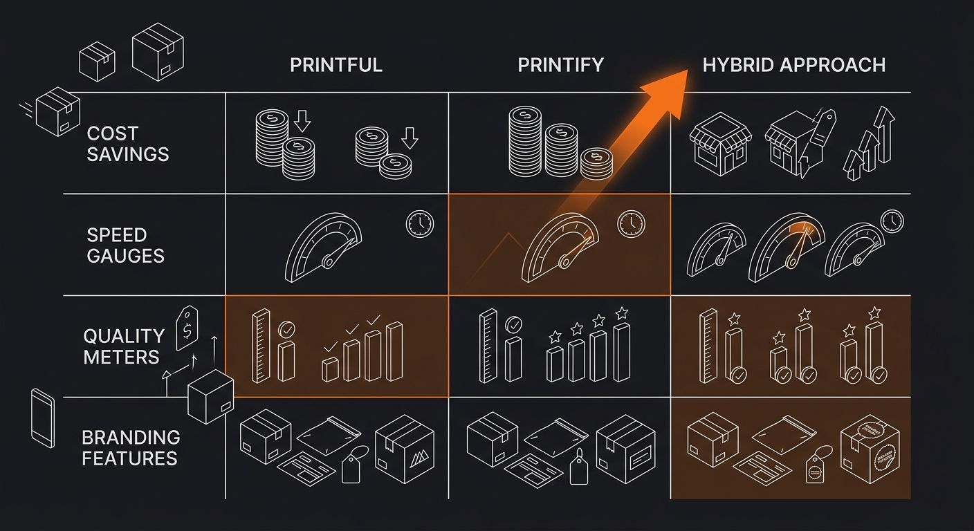 Comparison table visualization showing Printful, Printify, and Hybrid approach as three columns with icons representing cost savings, speed gauges, quality meters, and branding features for each optio