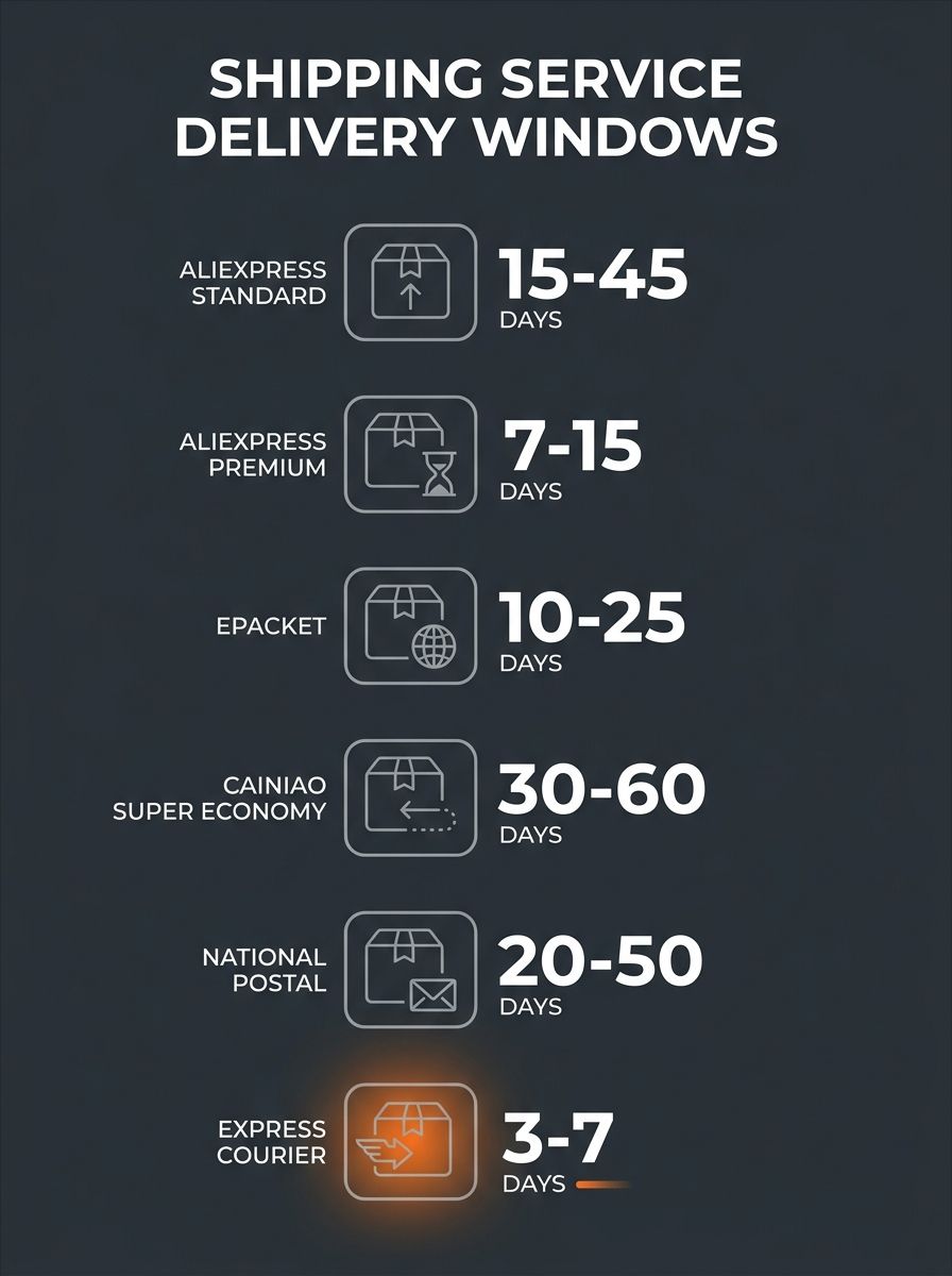 Six-tier shipping service comparison chart showing AliExpress Standard, Premium, ePacket, Cainiao Super Economy, national postal, and express courier delivery windows