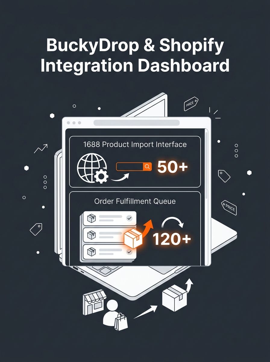 Shopify merchant reviewing BuckyDrop dashboard showing 1688 product import interface and order fulfillment queue