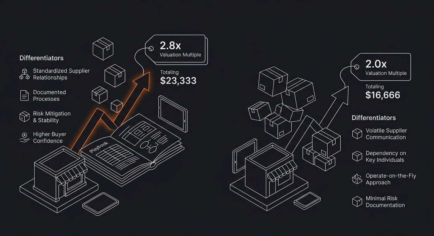 A side-by-side comparison showing two dropshipping store sale scenarios — one with a documented supplier playbook showing a 2.8x valuation multiple totaling $23,333, and one without documentation show