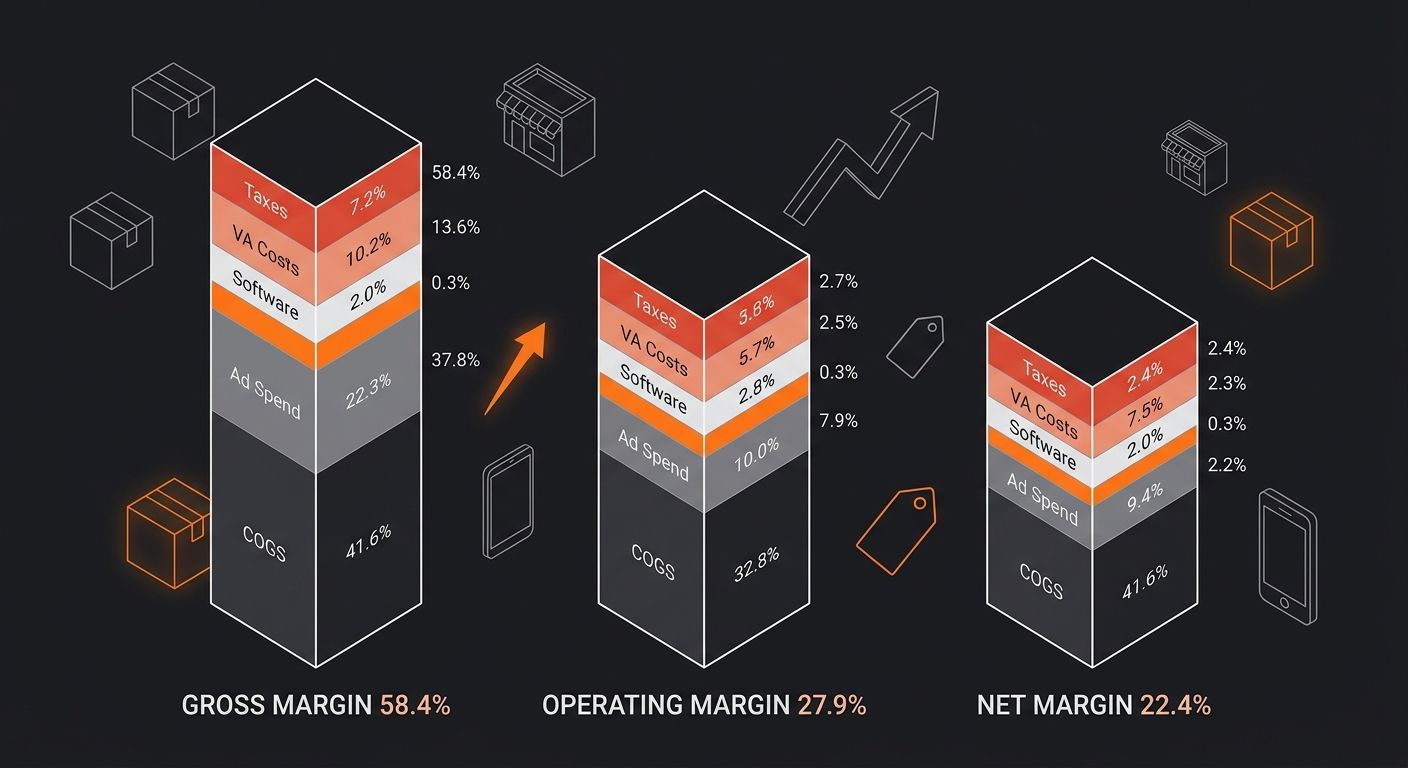 a side-by-side bar chart comparing a dropshipped phone mount's gross margin at 58.4% versus operating margin at 27.9% versus net margin at 22.4%, with labeled cost layers stacked inside each bar showi