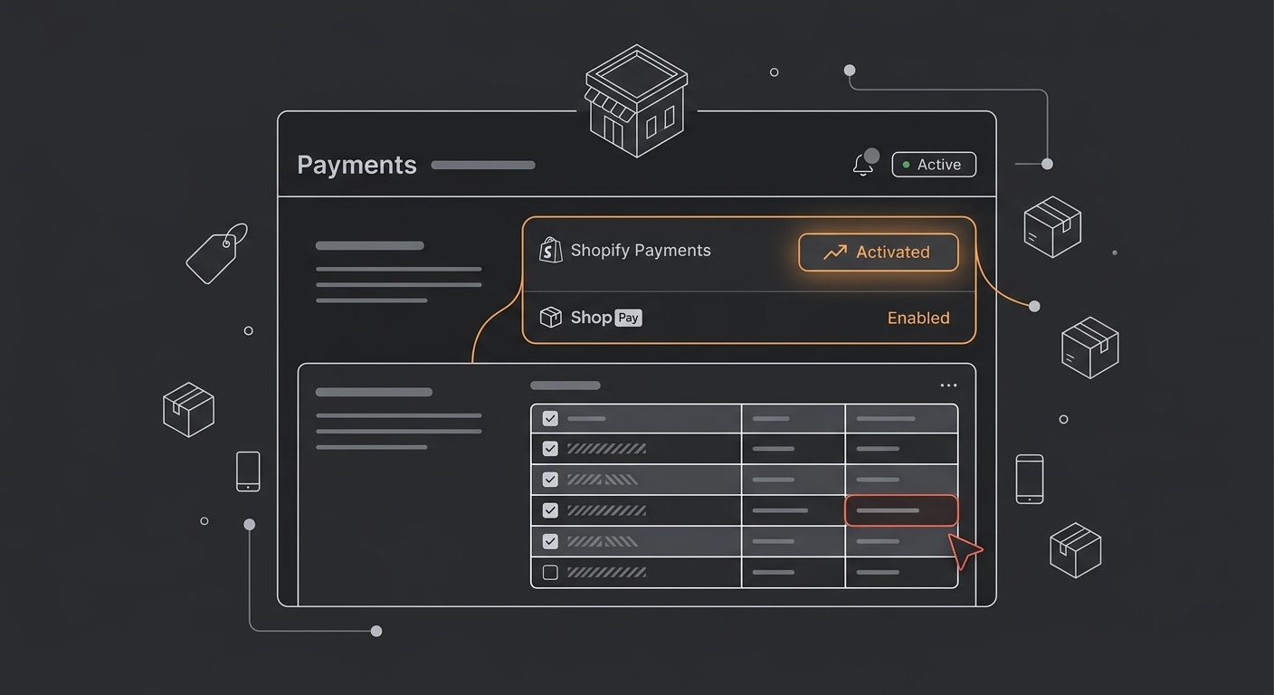 A Shopify admin settings screenshot-style illustration showing the Payments page with Shopify Payments activated and Shop Pay enabled, with shipping zones configured below