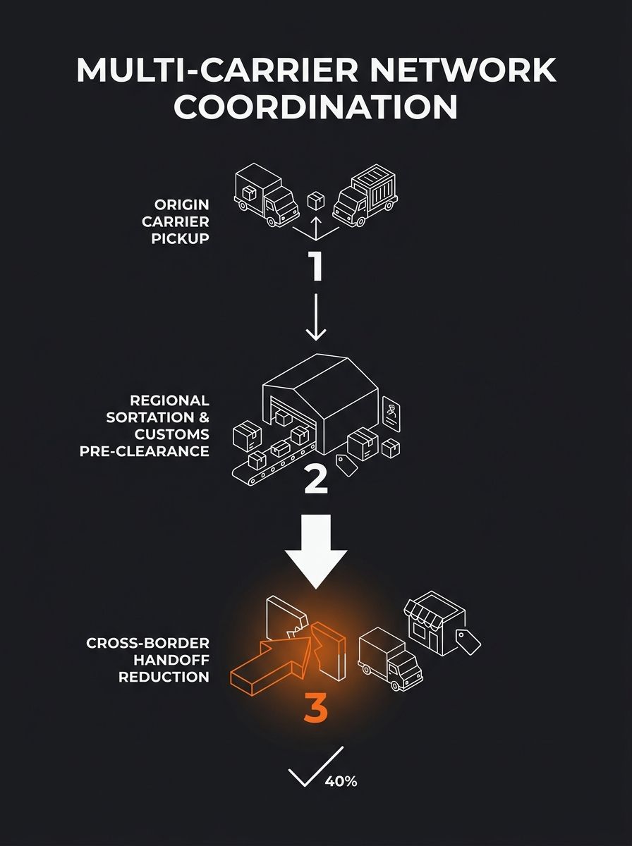 diagram showing multi-carrier coordination network with regional sortation hubs and customs pre-clearance points reducing cross-border handoffs