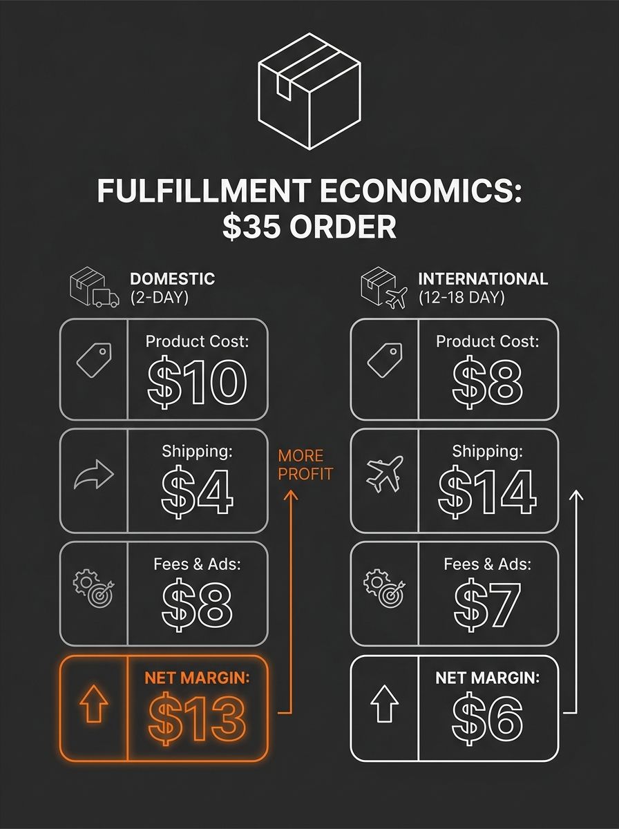 Infographic comparing the unit economics breakdown of a $35 order across domestic fulfillment (2-day delivery) versus international fulfillment (12-18 day delivery), showing product cost, shipping cos