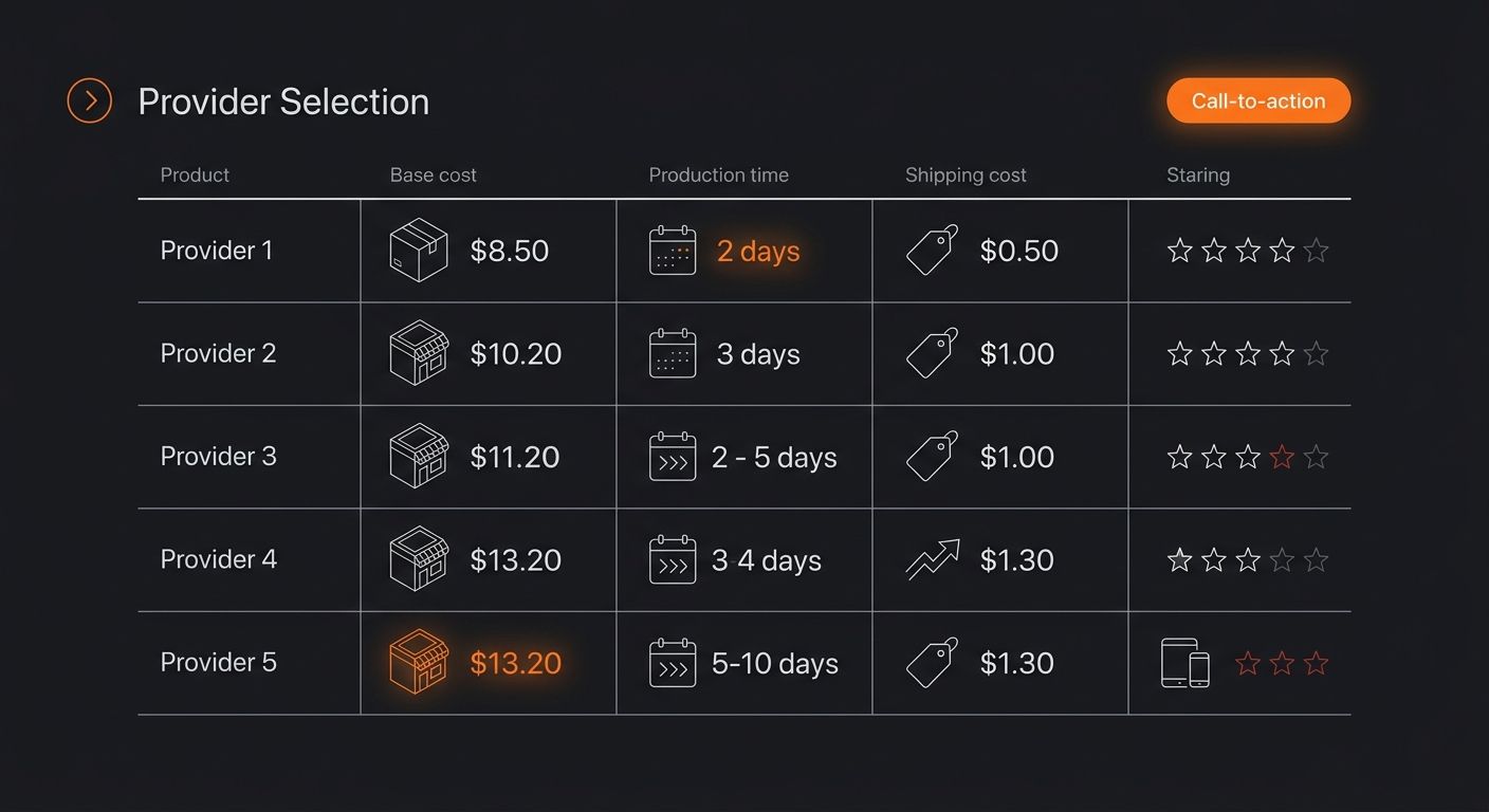 screenshot-style mockup of a provider selection interface showing five providers for the same t-shirt product, with columns displaying base cost ranging from $8.50 to $13.20, production time from 2 to