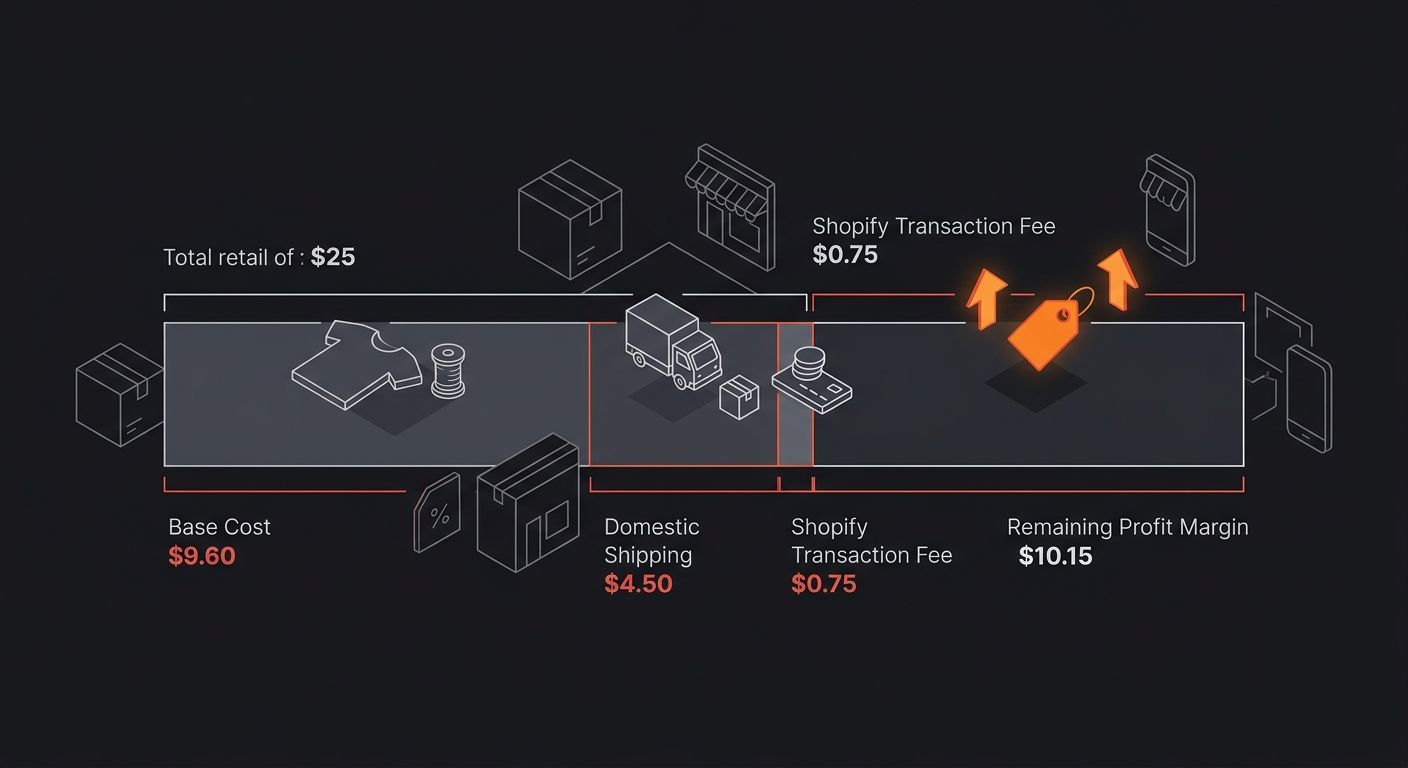 infographic showing margin math breakdown for a $25 retail t-shirt, with stacked horizontal bars representing base cost at $9.60 on Premium, domestic shipping at $4.50, Shopify transaction fee at $0.7