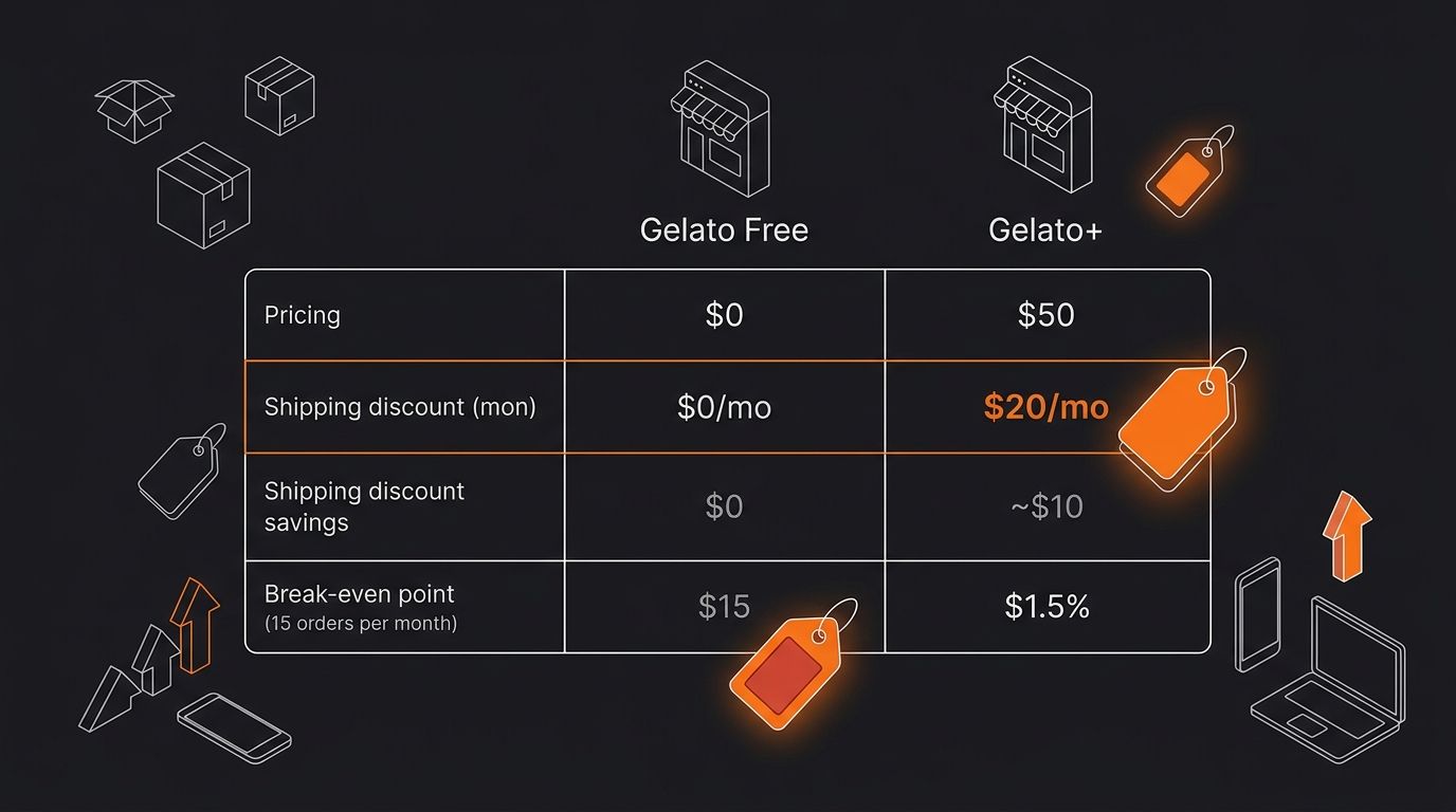 comparison table infographic showing Gelato Free tier vs Gelato+ tier with pricing breakdown, shipping discount savings, and break-even point at 15 orders per month