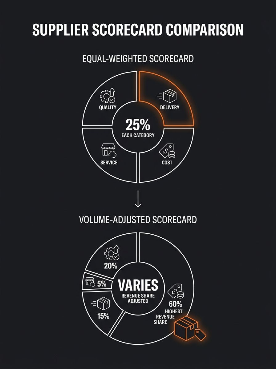 infographic showing a side-by-side comparison of equal-weighted supplier scorecard (25% each for quality, delivery, cost, service) versus a volume-adjusted weighted scorecard with different percentage