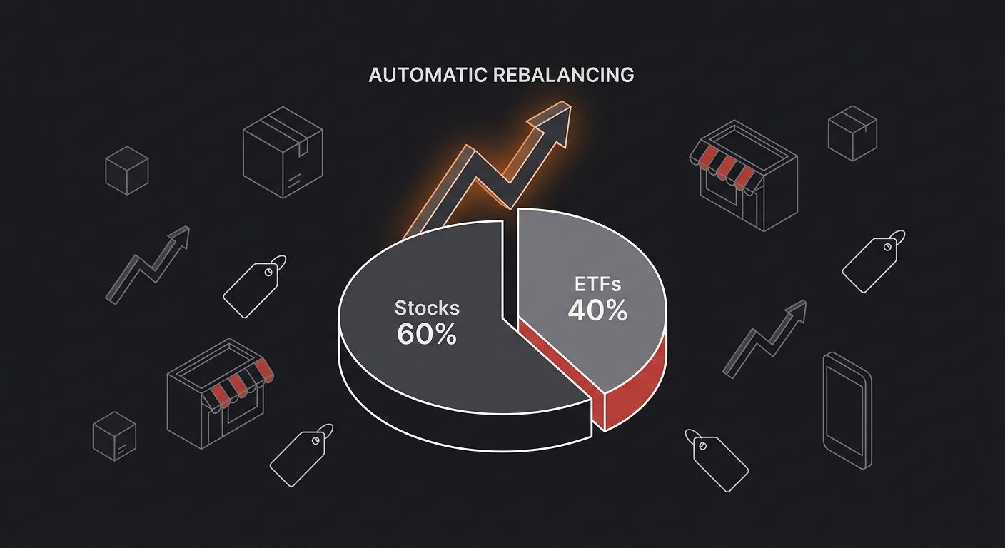 visual diagram showing M1 Finance's Pie portfolio concept with a pie chart divided into stock and ETF slices with percentage allocations and arrows indicating automatic rebalancing