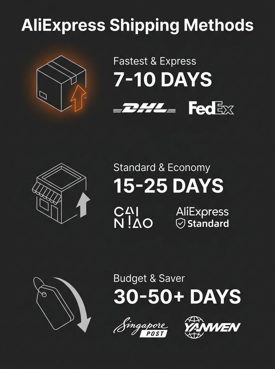 Six AliExpress shipping methods displayed with delivery timeframes ranging from 7 to 50 days and carrier partner logos