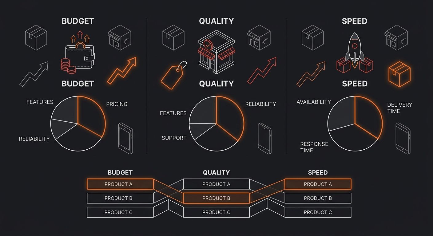 An infographic showing three buyer persona icons labeled Budget, Quality, and Speed, each with a pie chart displaying their different criteria weightings, and a small stacked bar chart showing how pro