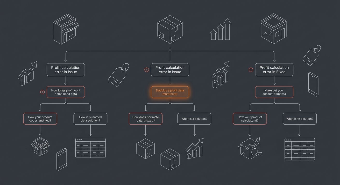 A troubleshooting flowchart with three branches showing common profit calculation errors and their fixes: negative net margin leading to checking ad spend and app costs, mismatch with accounting softw