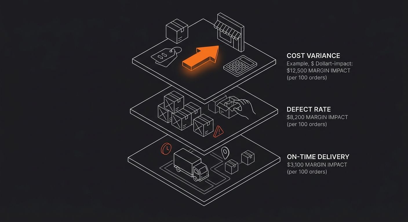 a simple chart showing three supplier metrics ranked by margin impact, with cost variance at top, defect rate in middle, and on-time delivery at bottom, each with example dollar-impact calculations pe