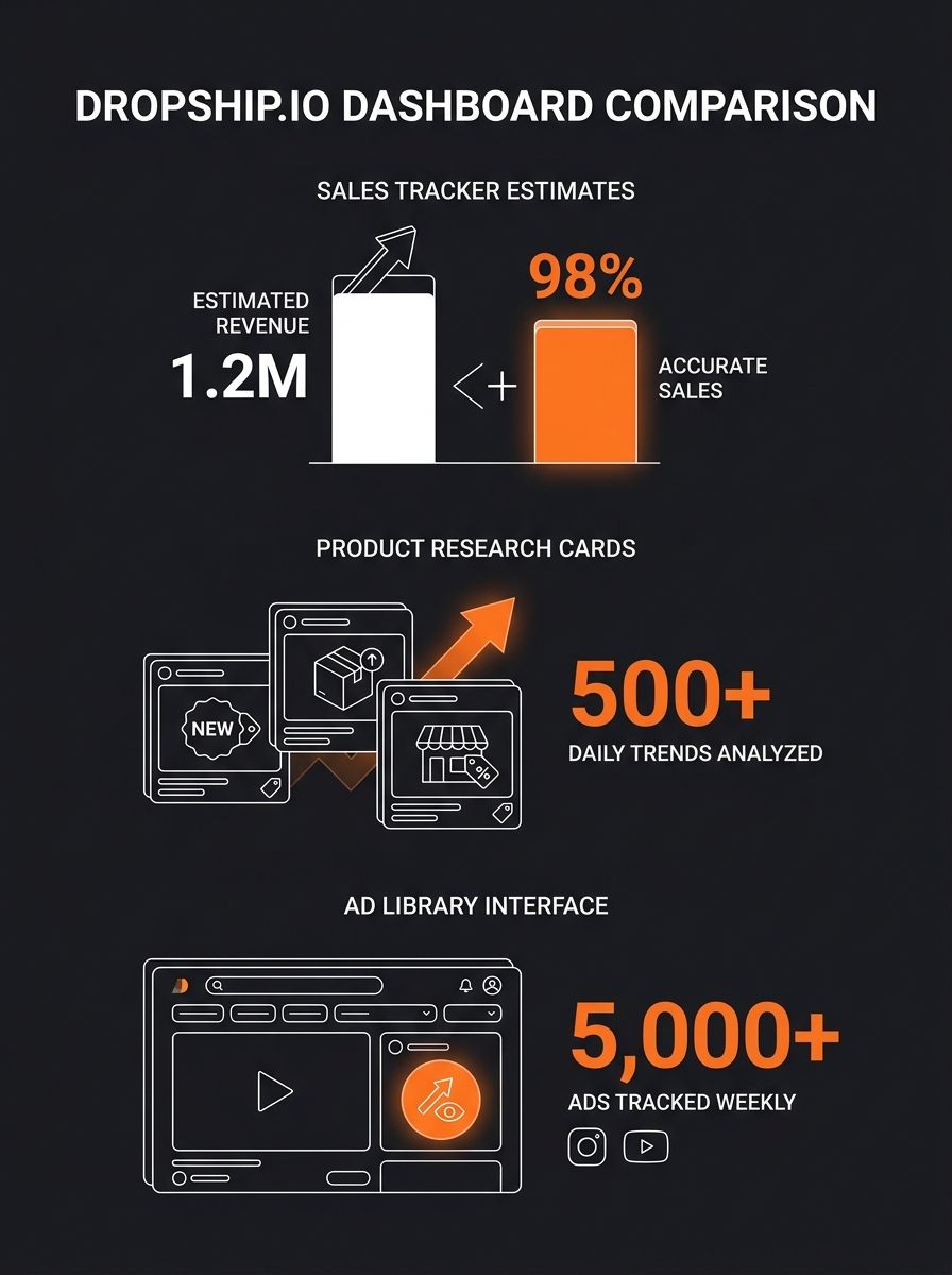 Side-by-side screenshot comparison showing Dropship.io dashboard with Sales Tracker estimates, product research cards, and the Ad Library interface