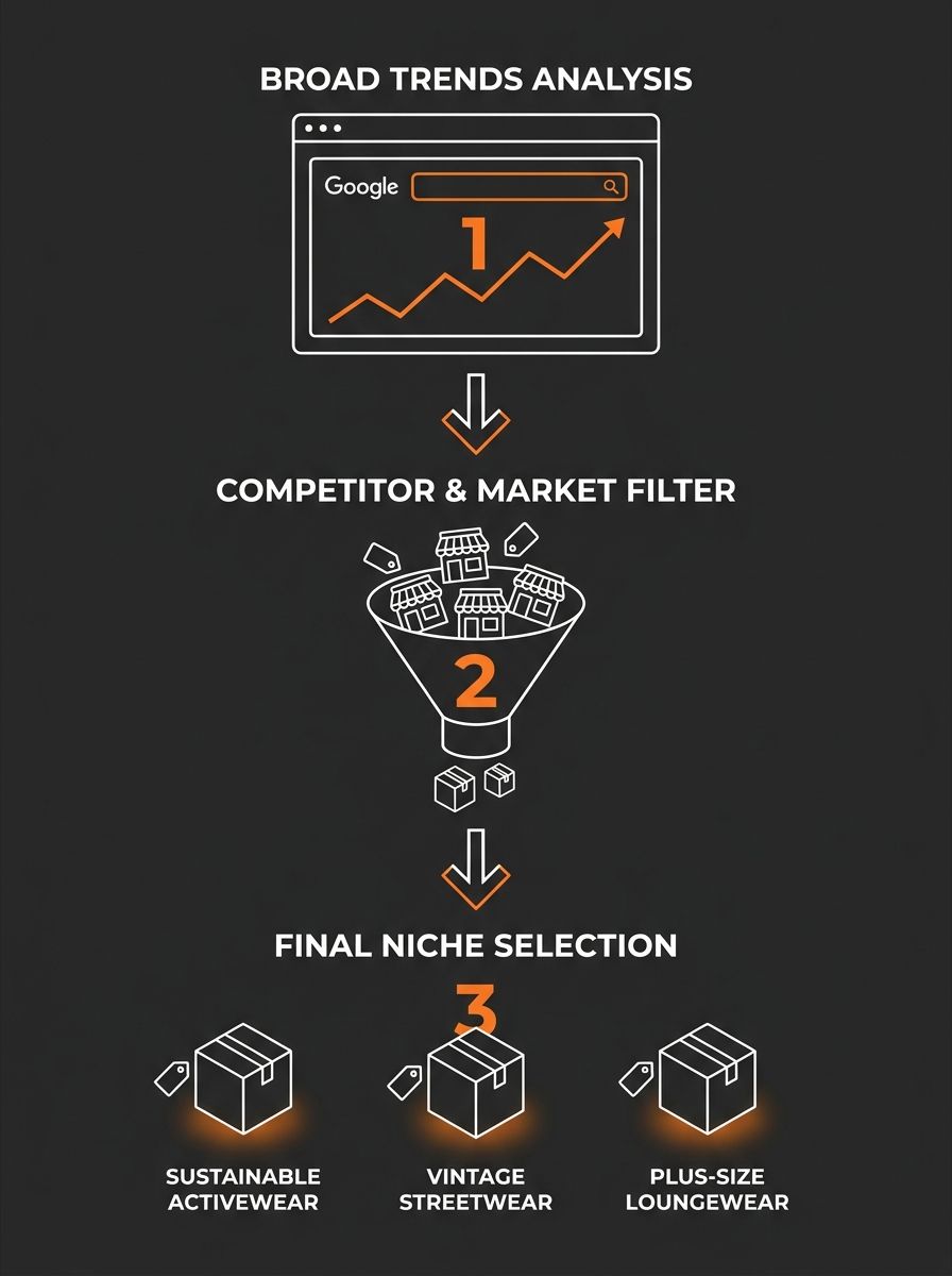 infographic showing a niche selection funnel for apparel dropshipping, with Google Trends screenshot example at top, narrowing through competitor analysis in the middle, to final niche selection at th