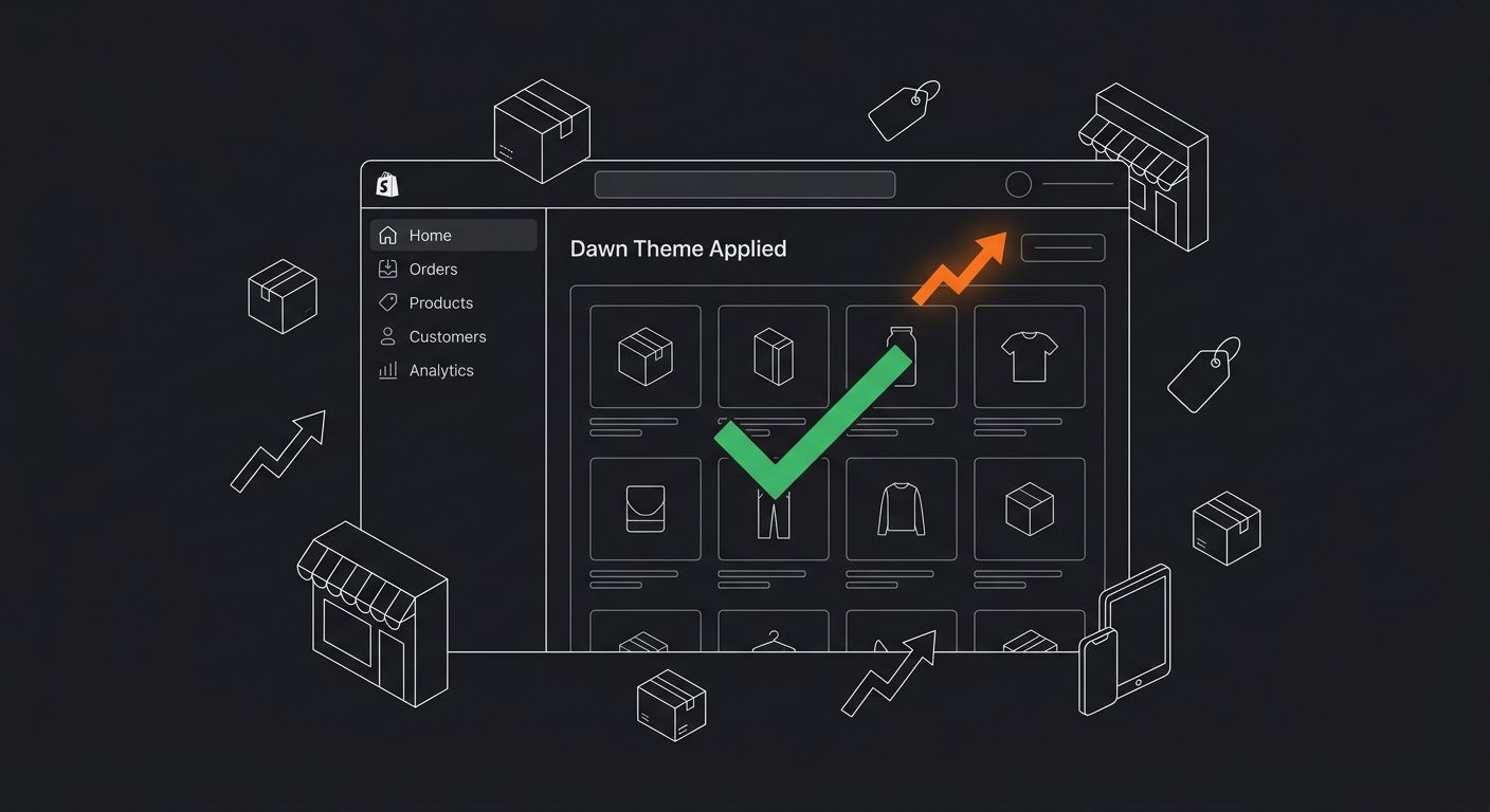 Screenshot-style illustration of a Shopify store dashboard showing five core pages listed in the left sidebar, the Dawn theme applied, and a clean product grid on the homepage with a green checkmark o