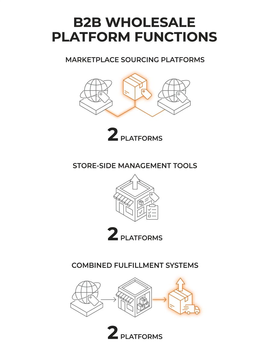 Comparison chart showing six B2B wholesale platforms arranged by function—marketplace sourcing versus store-side management versus combined fulfillment systems