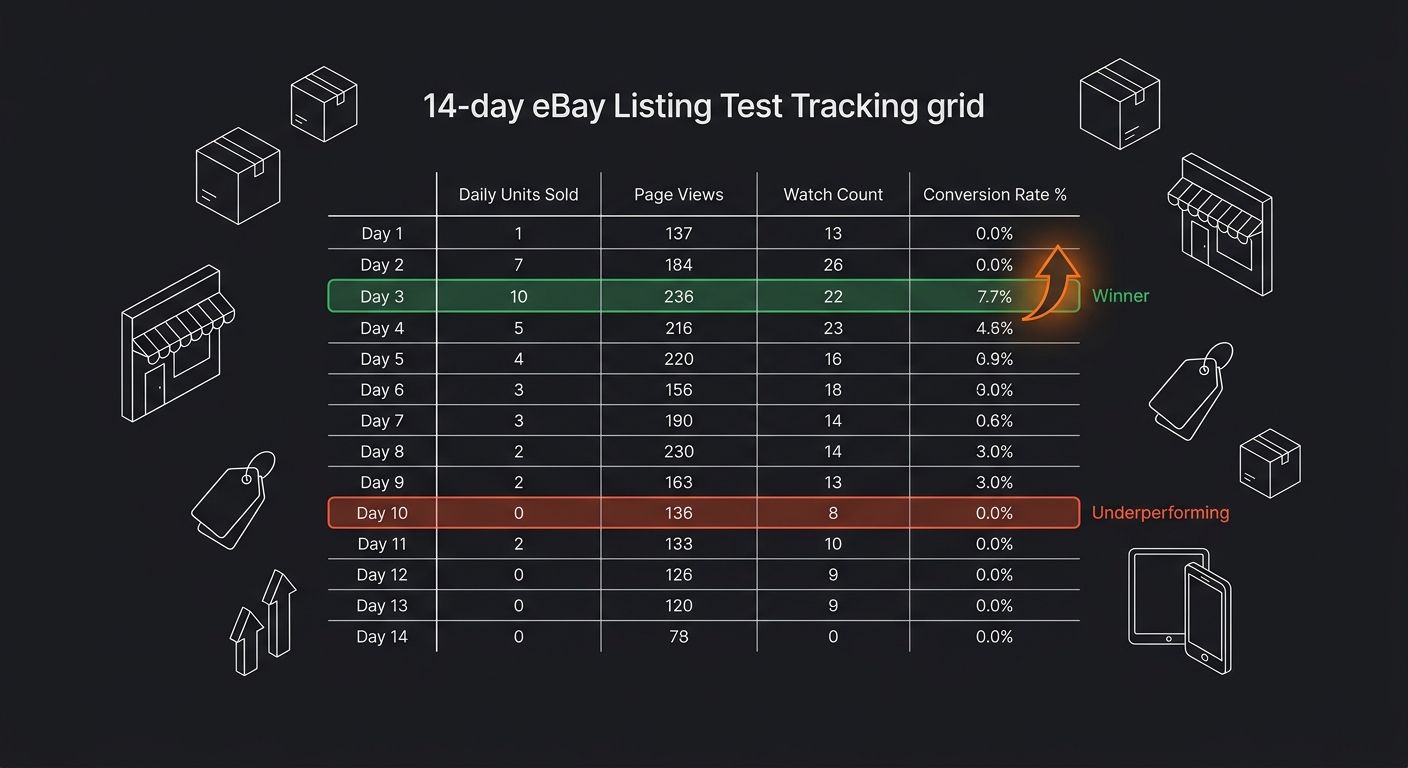 Dashboard-style illustration showing a 14-day eBay test tracking grid with columns for daily units sold, page views, watch count, and conversion rate percentage, with one listing variant highlighted i