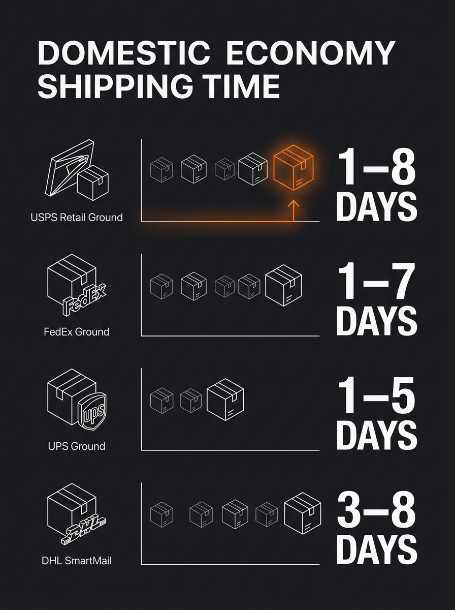 Comparison table showing domestic economy shipping timeframes for USPS, FedEx, UPS, and DHL services ranging from 1 to 8 business days