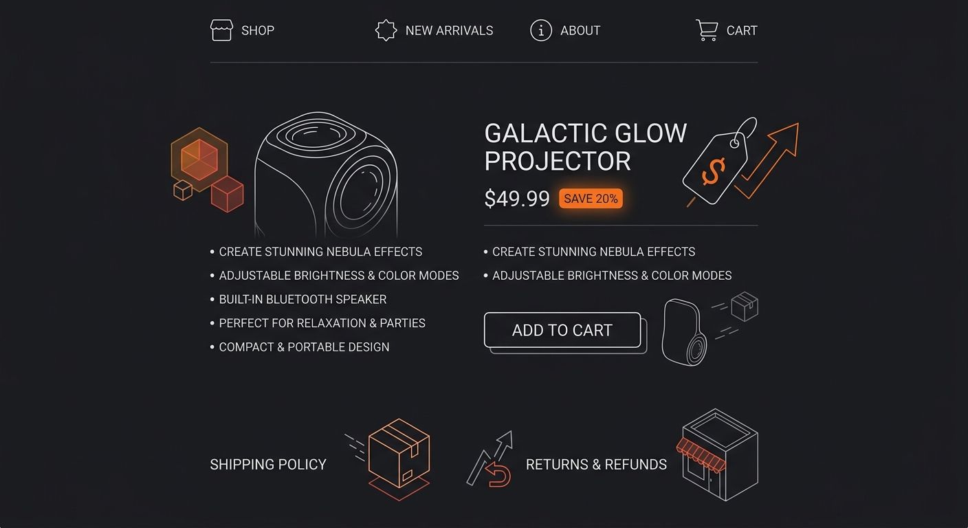 Screenshot-style mockup showing a clean Shopify dropshipping store product page with professional product photos, clear pricing, benefit-focused description bullet points, and visible shipping and ret